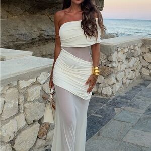 MESHKI NWT Dallas
One Shoulder Mesh Maxi Dress - Ivory